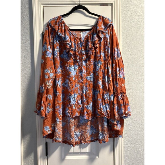 Free‎ People Womans Orange Blue Floral Loretta tunic top Medium Long Sleeve Boho - Picture 2 of 8